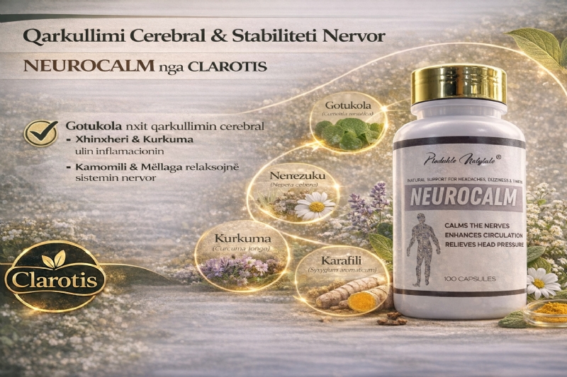 NEUROCALM suplement bimor nga CLAROTIS, produkt per zhurma ne vesh, kapsula per stabilizim te ekuilibrit, suplement per inflamacion nervor, kapsula per tension nervor kronik, trajtim natyral per marramendje, kapsula per qarkullim cerebral, relaks nervor
